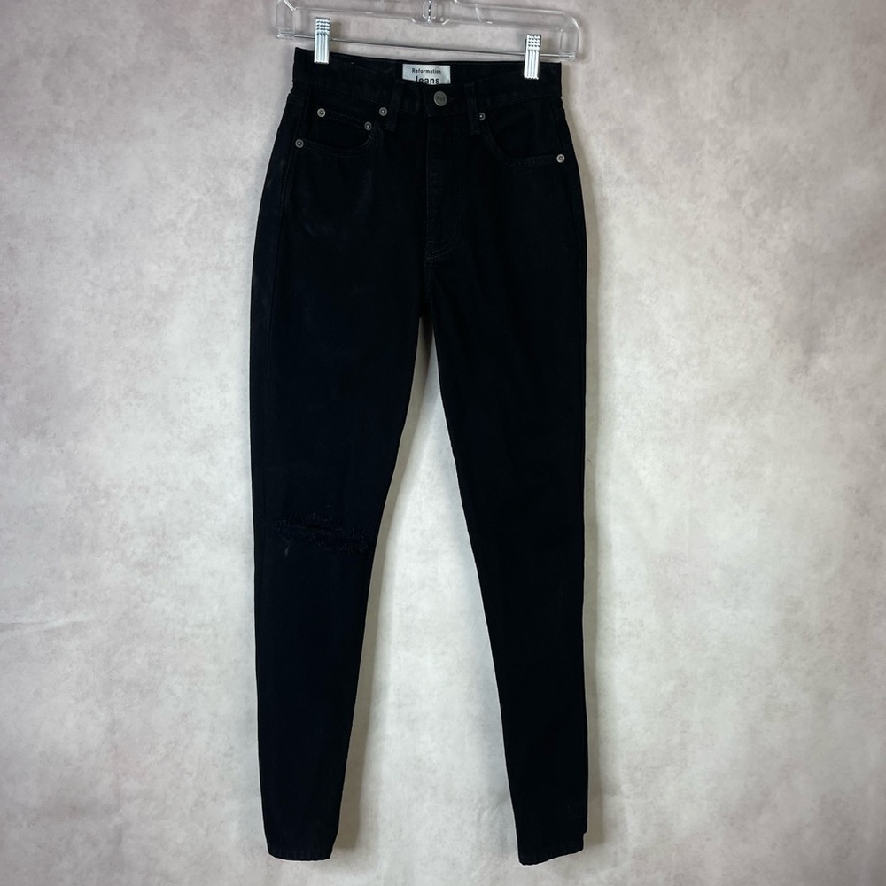 Reformation Julia High Cigarette Distressed Jeans Washed Black Gray Size 23